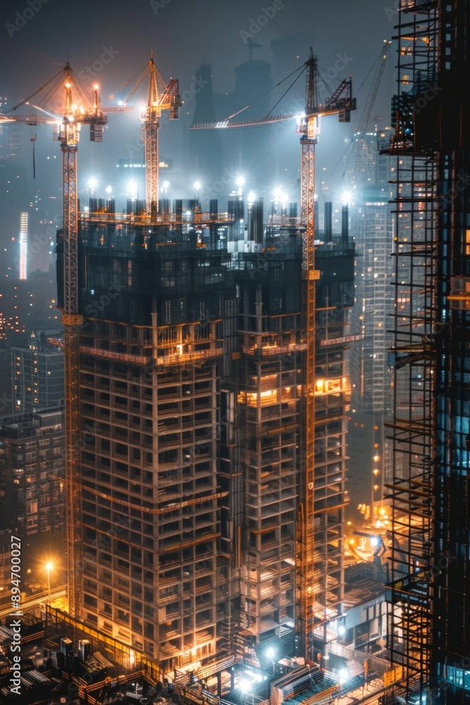 Naklejka premium Skyscraper Construction Site. A skyscraper under construction, with towering cranes and scaffolding lit by powerful work lights. The city's lights twinkle in the background.