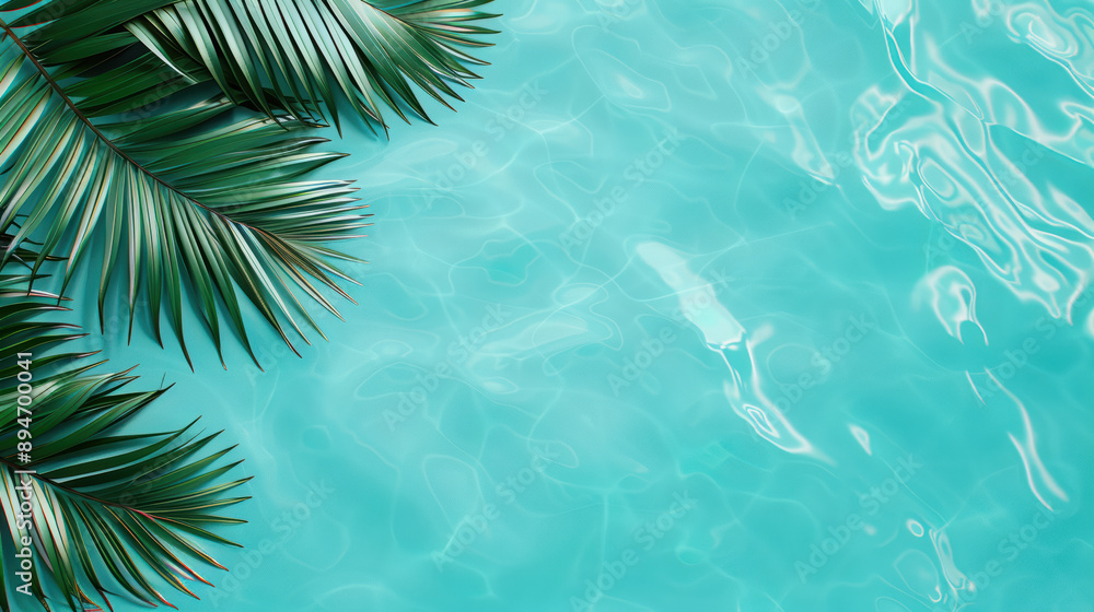 Top view of turquoise water in a swimming pool with palm leaves casting shadows, creating a tropical vacation vibe and serene relaxation atmosphere. Top view of turquoise water in a swimming pool with palm leaves casting shadows, creating a tropical vacation vibe and serene relaxation atmosphere.