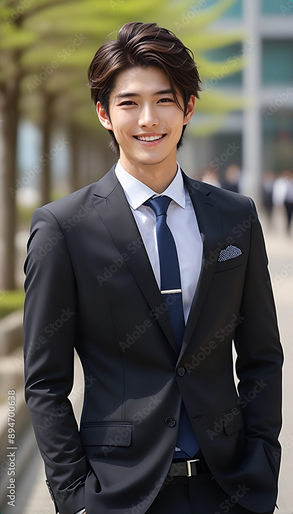 A smiling young handsome man in a business suit. Image of a new member of society. ビジネススーツを着た笑顔の若いイケメンな男性。新社会人のイメージ。 A smiling young handsome man in a business suit. Image of a new member of society. ビジネススーツを着た笑顔の若いイケメンな男性。新社会人のイメージ。