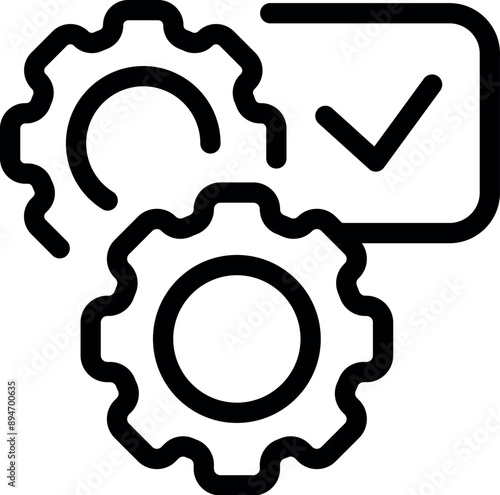 Line art icon of two cogwheels and a check mark representing a successful business process