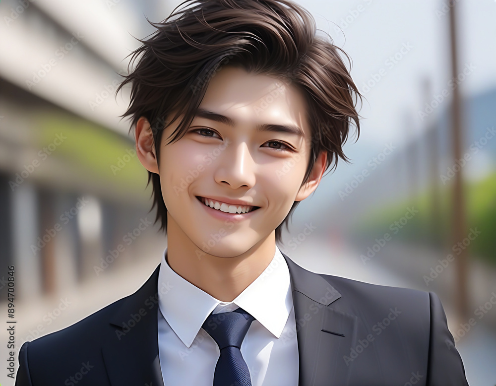 A smiling young handsome man in a business suit. Image of a new member of society. ビジネススーツを着た笑顔の若いイケメンな男性。新社会人のイメージ。 A smiling young handsome man in a business suit. Image of a new member of society. ビジネススーツを着た笑顔の若いイケメンな男性。新社会人のイメージ。