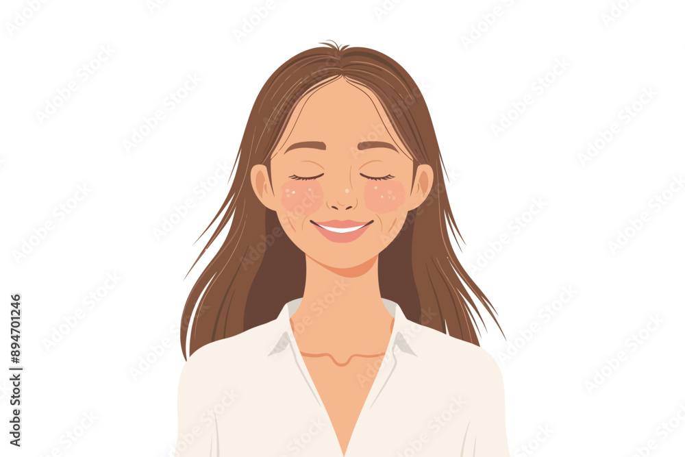 Smiling Woman with Closed Eyes: A portrait of a serene young woman with a warm smile and closed eyes, conveying peace, tranquility, and inner contentment. Smiling Woman with Closed Eyes: A portrait of a serene young woman with a warm smile and closed eyes, conveying peace, tranquility, and inner contentment.