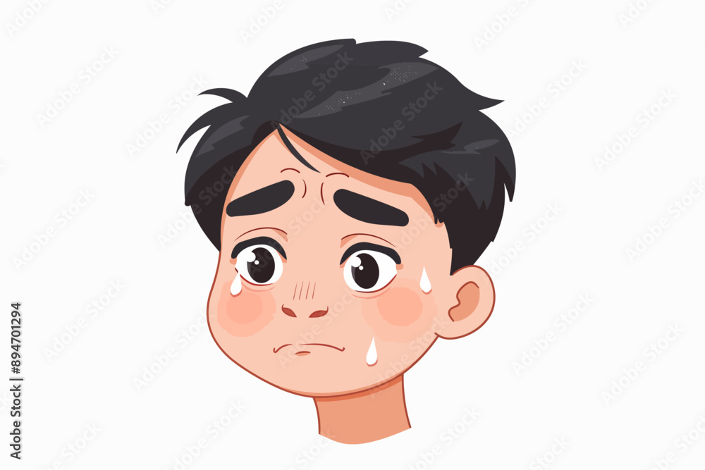 Boy's Worried Face: A cartoon illustration of a young boy with a worried expression on his face, sweating and looking down. The image is perfect for expressing anxiety, stress, or uncertainty. Boy's Worried Face: A cartoon illustration of a young boy with a worried expression on his face, sweating and looking down. The image is perfect for expressing anxiety, stress, or uncertainty.