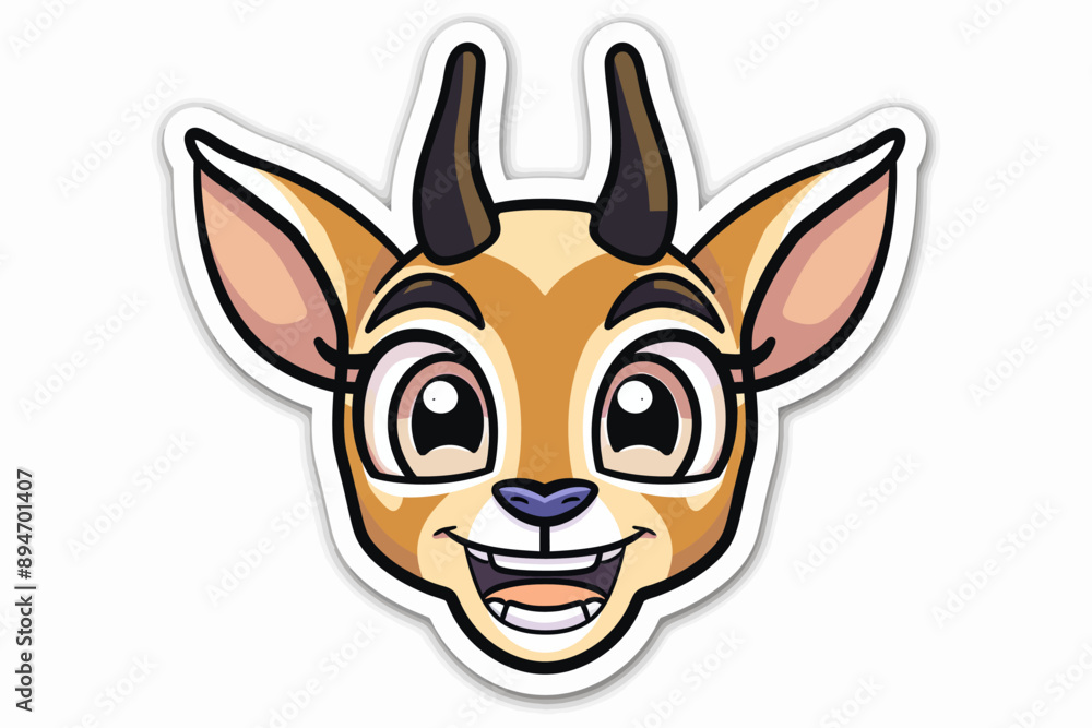 Adorable Cartoon Gazelle Face: A charming cartoon gazelle with big, expressive eyes and a wide, toothy grin. Perfect for children's illustrations, stickers, and social media. Adorable Cartoon Gazelle Face: A charming cartoon gazelle with big, expressive eyes and a wide, toothy grin. Perfect for children's illustrations, stickers, and social media.