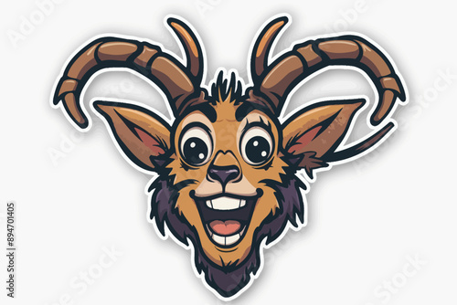 Goofy Goat Grin: A cartoon ibex beams with infectious joy, its exaggerated features and vibrant colors radiating whimsy and cheer.