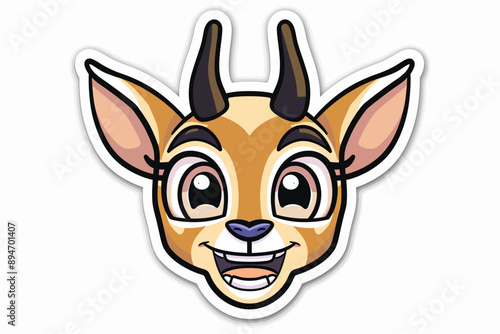 Adorable Cartoon Gazelle Face: A charming cartoon gazelle with big, expressive eyes and a wide, toothy grin. Perfect for children's illustrations, stickers, and social media.  