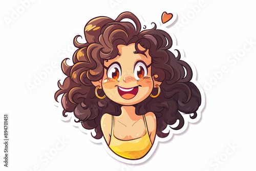 Curly Cutie in Love: A vibrant cartoon girl with bouncy brown curls beams with joy, radiating warmth and happiness.
