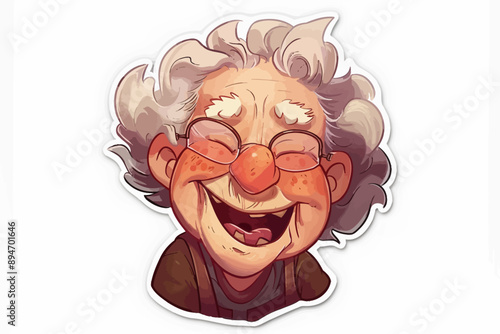 The Joys of Age: A whimsical illustration of a cheerful elderly woman with a big, toothy grin, capturing the happiness and innocence of senior life. Her rosy cheeks, twinkling eyes, and infectious lau