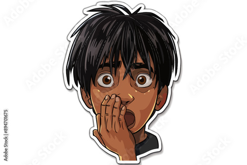Shocked Face Anime Style: A close-up illustration of a young man's face, rendered in a dynamic anime style, captures a moment of sheer surprise. His wide eyes and hand covering his mouth convey a sens