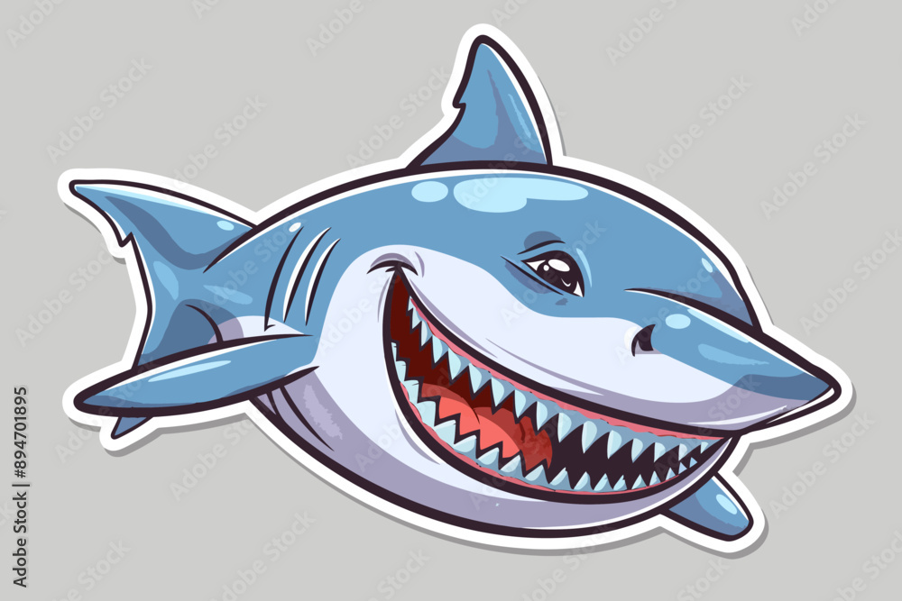 Smiling Shark Cartoon Character Sticker: A friendly and approachable cartoon shark with a wide, toothy grin, perfect for adding a playful touch to your designs. Smiling Shark Cartoon Character Sticker: A friendly and approachable cartoon shark with a wide, toothy grin, perfect for adding a playful touch to your designs.