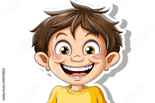 Beaming Boy's Joyful Grin: A cartoon illustration of a young boy with a wide, infectious smile, radiating happiness and cheer. Perfect for children's content. 