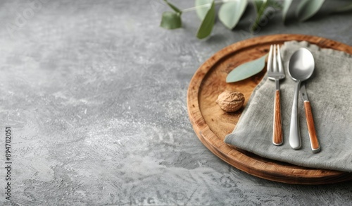 Wooden Plate With Silverware and Napkin