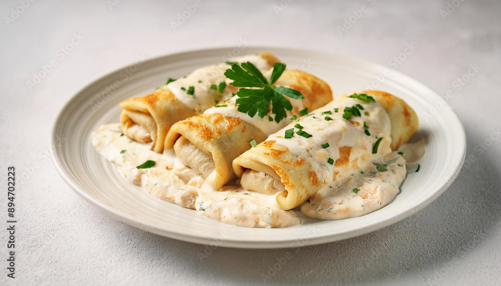 Rolled pancakes stuffed with chicken and creamy sauce parsley. Tasty dish. Delicious meal. Close-up. Rolled pancakes stuffed with chicken and creamy sauce parsley. Tasty dish. Delicious meal. Close-up.