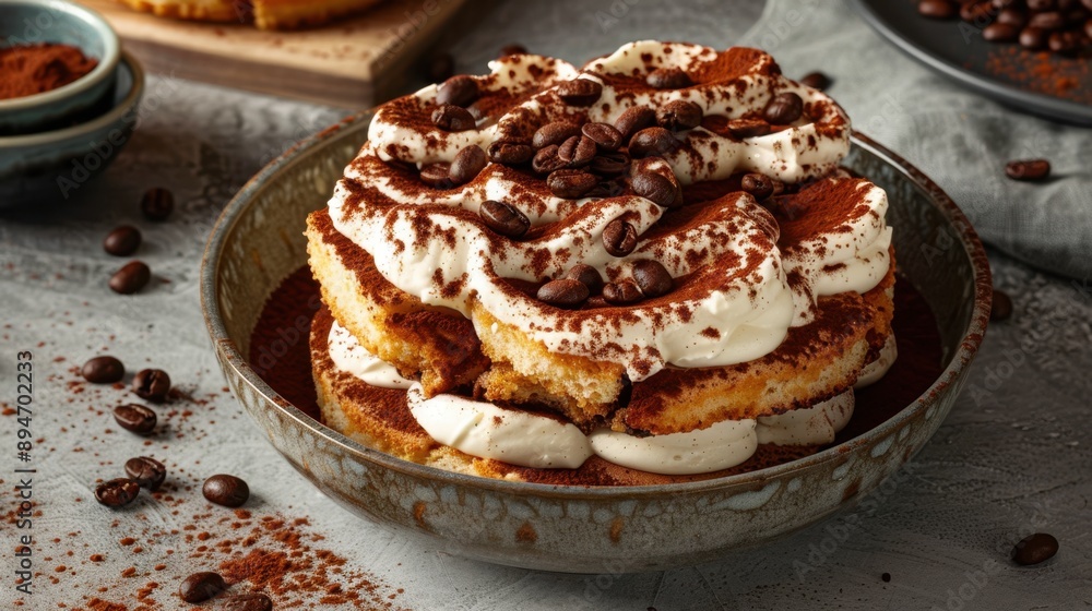 Gourmet Tiramisu with Mascarpone and Cocoa in Rustic Setting