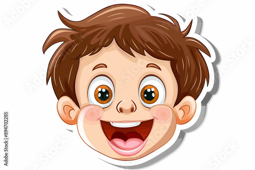 Joyful Boy Cartoon Face: A cheerful cartoon illustration of a boy's face with a wide, toothy grin and sparkling eyes. The image embodies innocence, happiness, and youthful exuberance. Perfect for chil