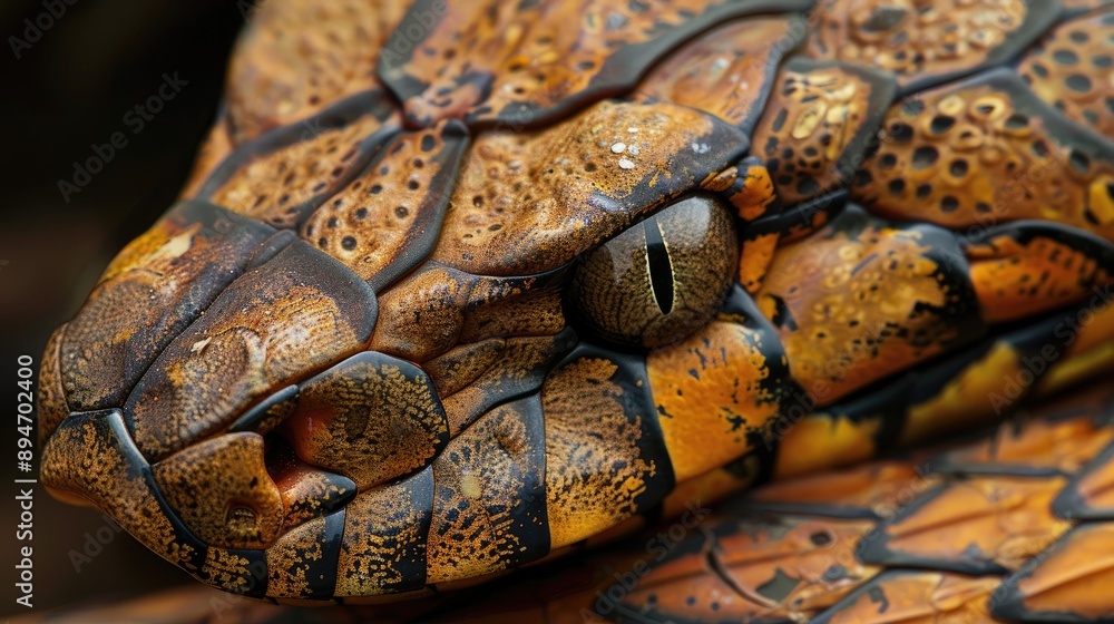 Fototapeta premium Snakes head with eye detail and snakeskin of forest snake