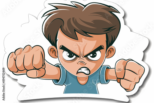 Angry Cartoon Boy: A cartoon illustration of a young boy, with clenched fists and a fierce expression, embodies anger and frustration, perfect for representing a range of emotions from defiance to fru photo