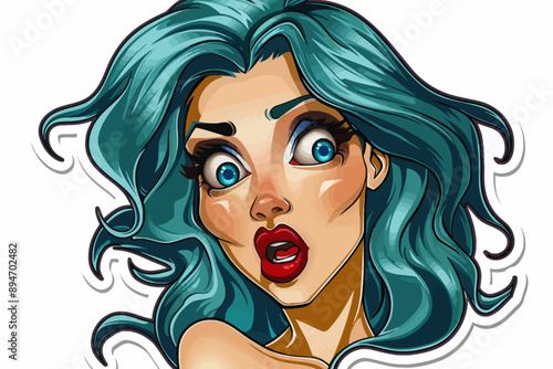 Surprised Blue-Haired Beauty: A captivating cartoon illustration of a young woman with flowing blue hair and wide, surprised blue eyes. Her expression is one of astonishment, hinting at a sudden reali