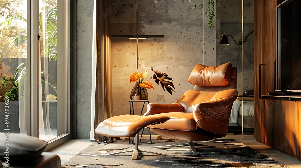 Contemporary recliner with leather upholstery and modern design in a cozy reading nook Contemporary recliner with leather upholstery and modern design in a cozy reading nook