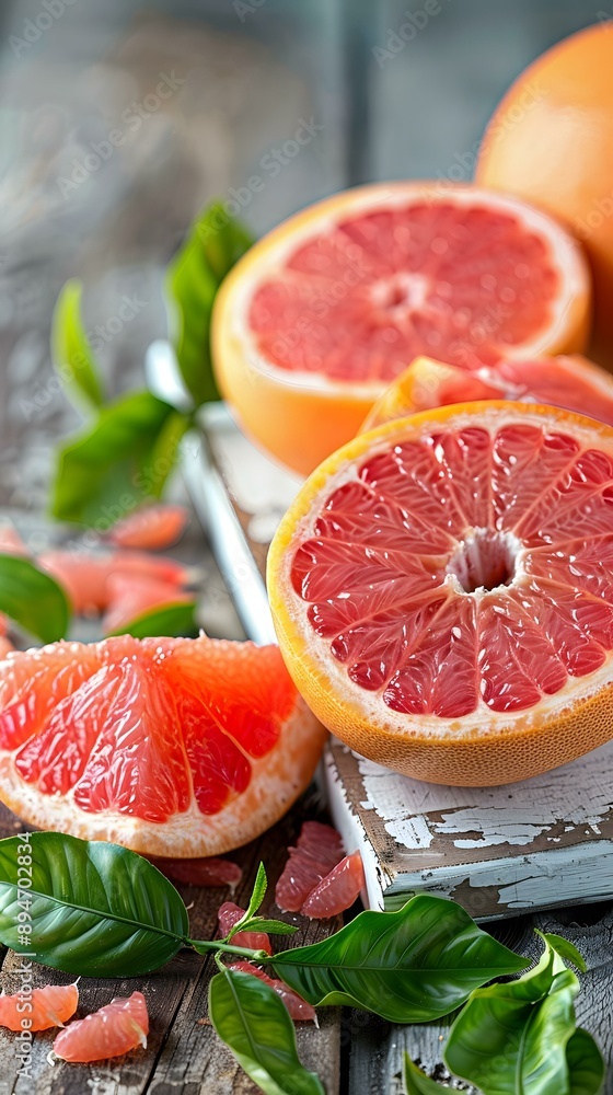 Fresh Grapefruit Slices and Leaves on Wooden Table Fresh Grapefruit Slices and Leaves on Wooden Table