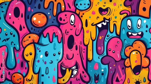 Vibrant abstract graffiti art featuring colorful, melting cartoon characters with lively expressions. Urban street art full of energetic and playful vibes.