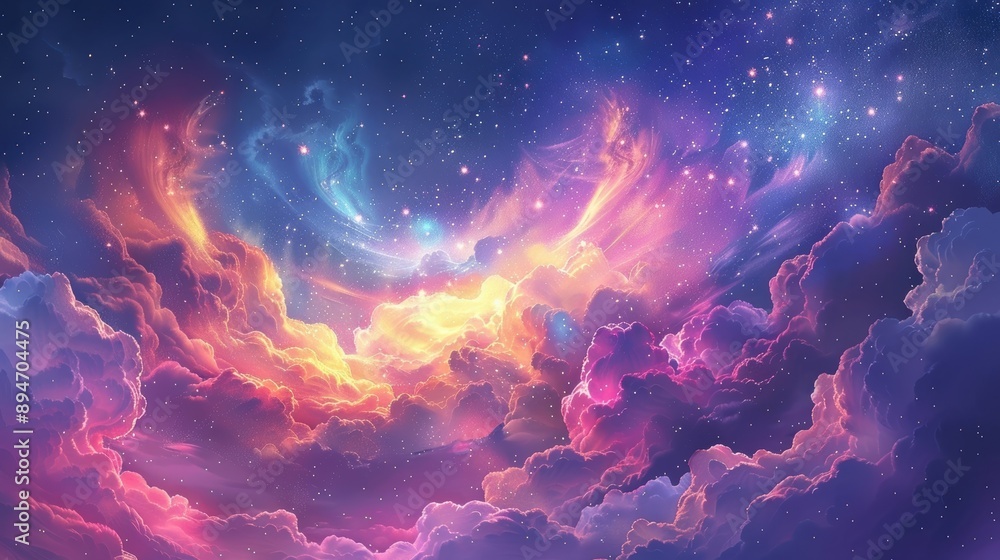 Colorful dreamy sky filled with vivid clouds and twinkling stars; a cosmic, otherworldly scene with magical, surreal beauty. Colorful dreamy sky filled with vivid clouds and twinkling stars; a cosmic, otherworldly scene with magical, surreal beauty.