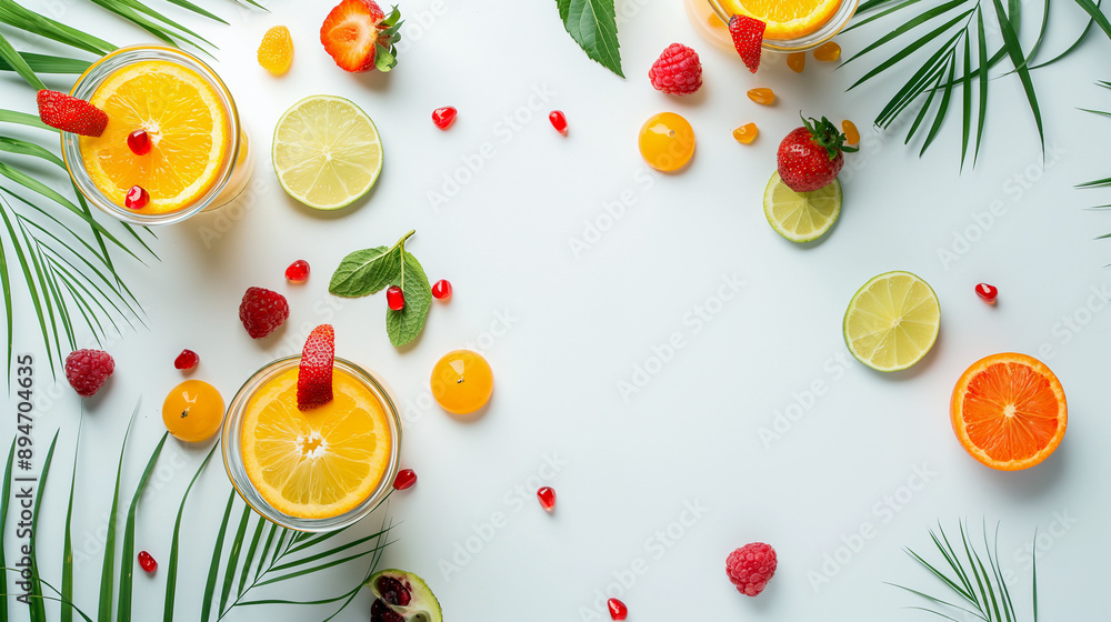 Fruit cocktail , fresh fruits and berries on white background, top view Fruit cocktail , fresh fruits and berries on white background, top view
