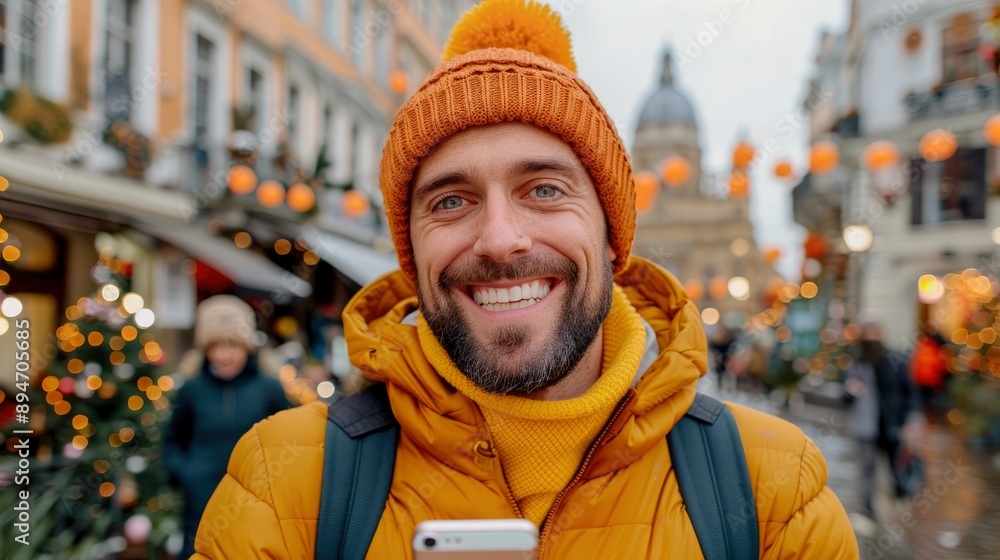 Obraz premium A Happy Male Tourist, Taking A Photo With His Cell Phone On The Street At Night