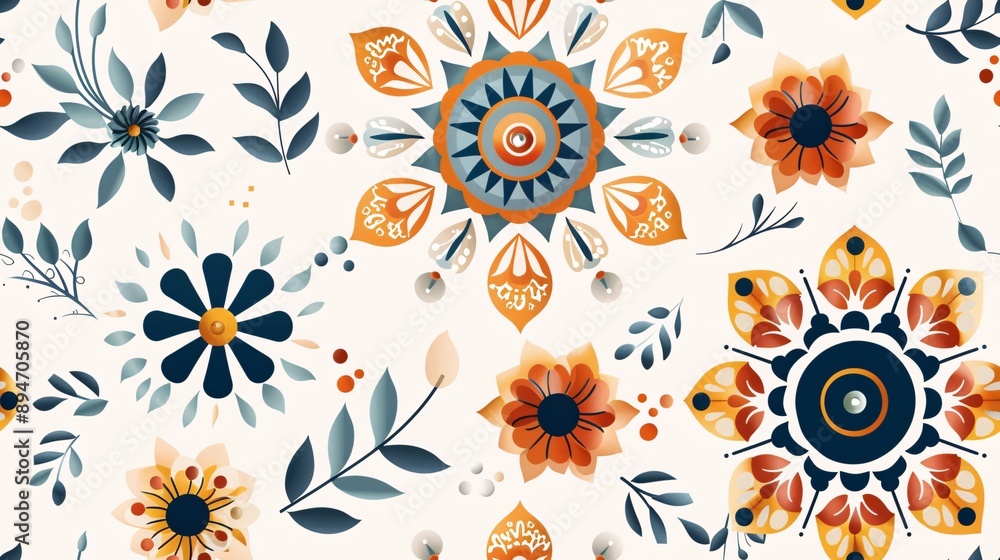 Bohemian Floral Mandala Pattern: A mesmerizing seamless pattern featuring intricate mandalas, delicate floral motifs, and a captivating color palette of blue, orange, and gold on a cream background. Bohemian Floral Mandala Pattern: A mesmerizing seamless pattern featuring intricate mandalas, delicate floral motifs, and a captivating color palette of blue, orange, and gold on a cream background.