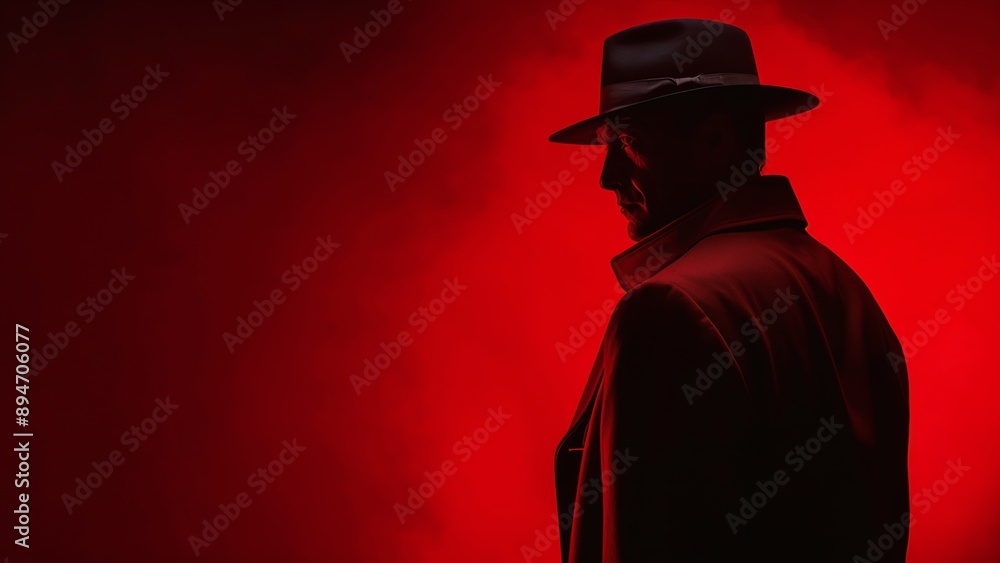 Silhouette of Male Detective in Fedora Hat with Retro Wave Style Colors - Mysterious Film Character with Vintage Vibes Silhouette of Male Detective in Fedora Hat with Retro Wave Style Colors - Mysterious Film Character with Vintage Vibes