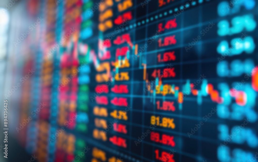 Blurred view of a stock market dashboard displaying fluctuating numbers and charts showcasing market trends and financial data.