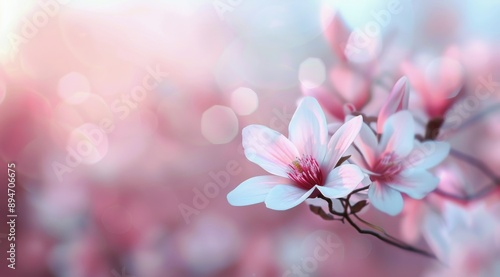 Pink Magnolia Blossoms in Spring Sunlight