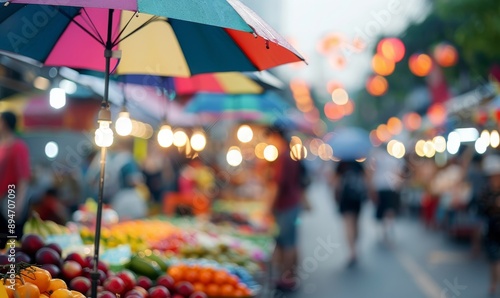 Colorful Umbrella Over Fruit Stall at Night Market
