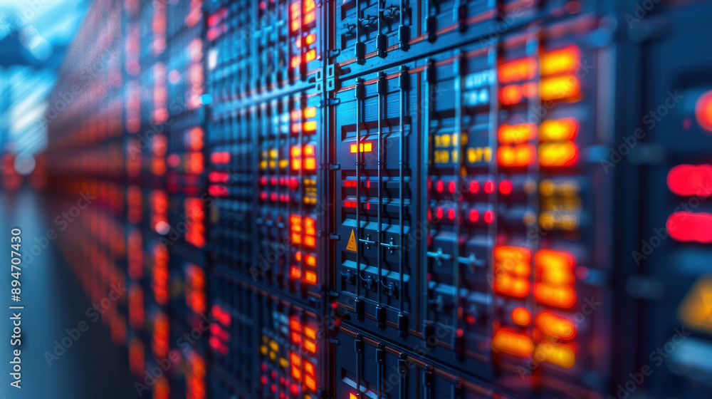 Close-up of a server rack with blinking lights in a data center, showcasing modern technology and high-speed internet infrastructure. Close-up of a server rack with blinking lights in a data center, showcasing modern technology and high-speed internet infrastructure.