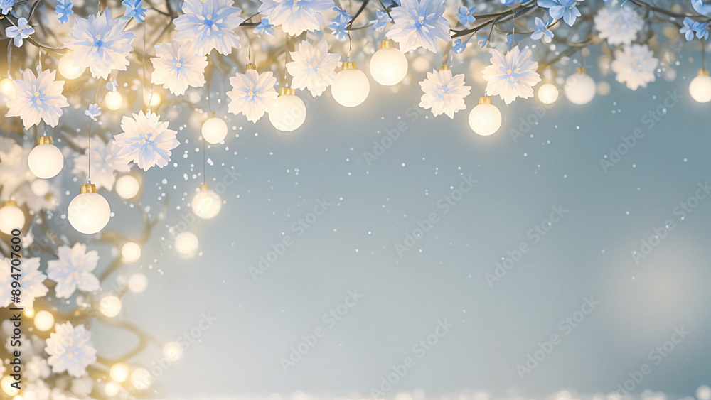 a blue background with white flowers and lights a blue background with white flowers and lights