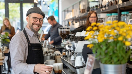 A cheerful barista with glasses preparing coffee at a modern café. In the background, other staff and customers are visible, contributing to a lively atmosphere.