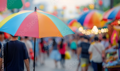 Rainbow Umbrella at a Busy Street Market