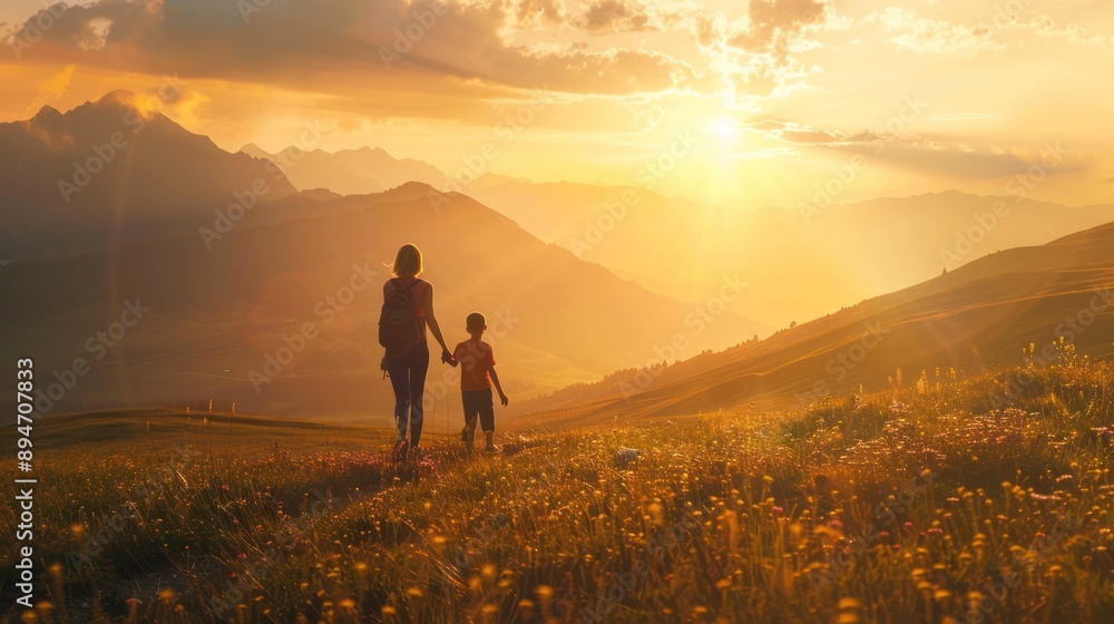 Fototapeta premium Mother and Son Hike Towards the Golden Sunset