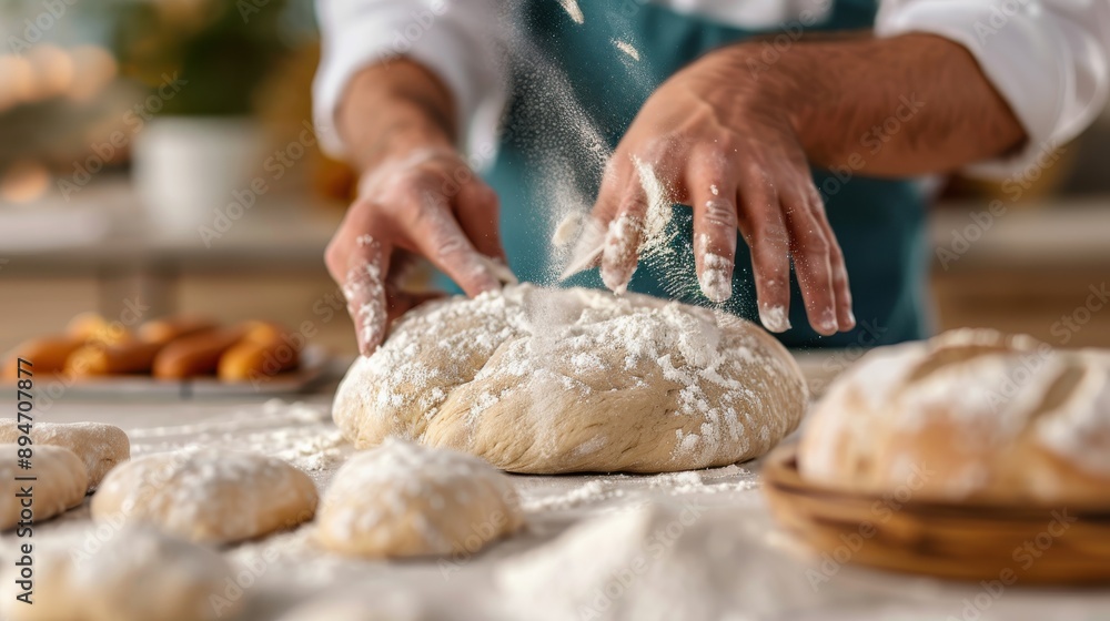 A baker dusts flour over freshly prepared bread dough, highlighting the traditional and careful preparation process in the bakery, ensuring quality and taste of baked goods. A baker dusts flour over freshly prepared bread dough, highlighting the traditional and careful preparation process in the bakery, ensuring quality and taste of baked goods.