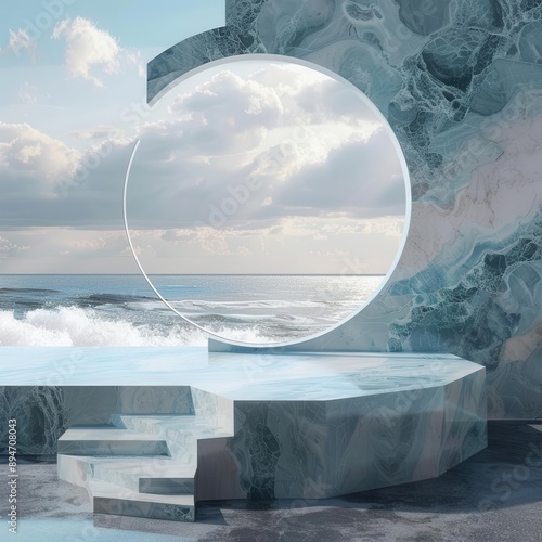 surreal oceansky marble podium swirling blues and whites create ethereal atmosphere floating platform for luxury product display dreamy highend aesthetic photo