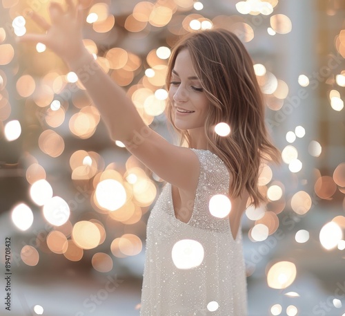 Woman Reaches for Christmas Lights