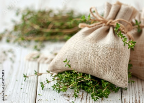 Thyme Plant in Burlap Sack on White Table