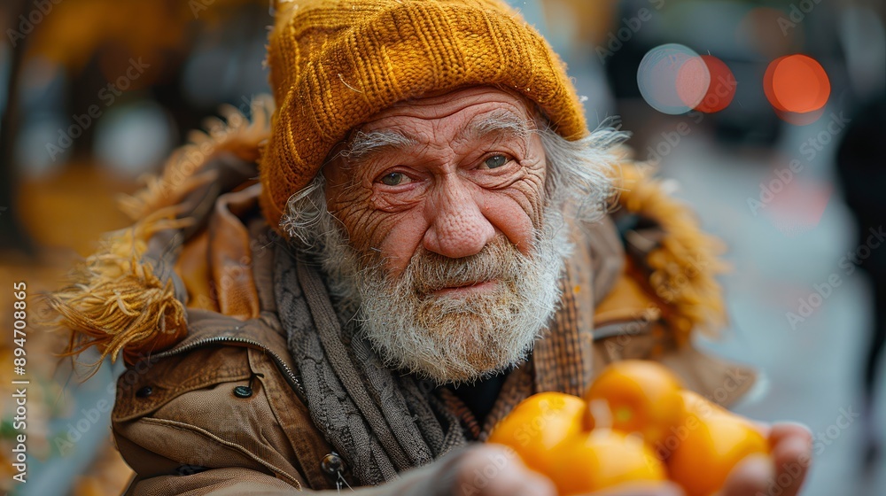 A Homeless Old Man, Reaching Out To A Passerby, Asking For Money, Needing Help A Homeless Old Man, Reaching Out To A Passerby, Asking For Money, Needing Help