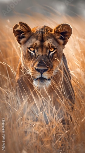 Coiled Lioness Scanning the Savanna at Dawn with Intense Focus