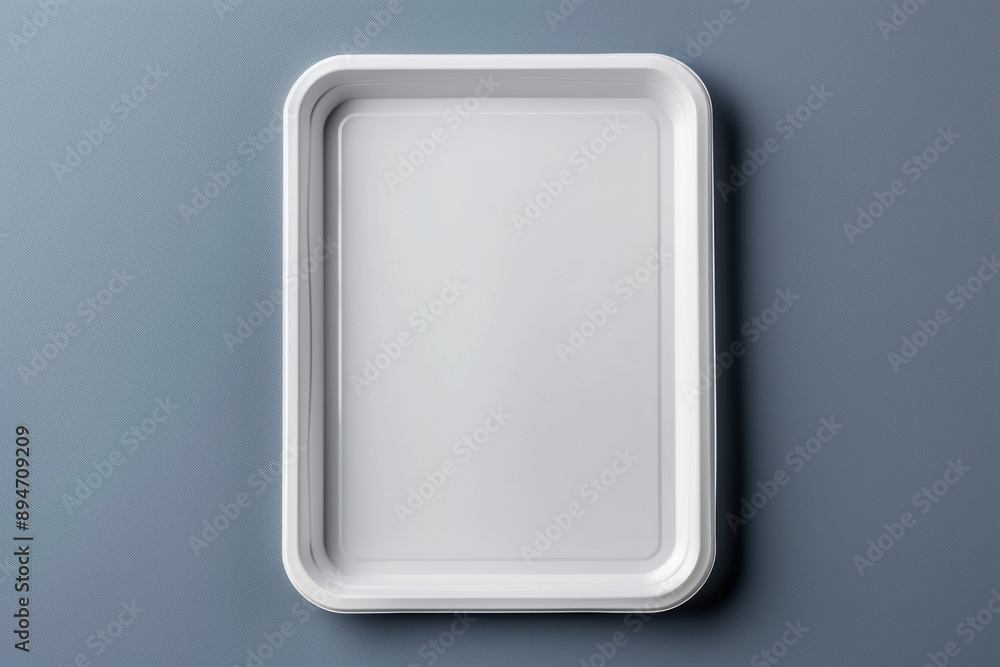 A top-down view of a clean, empty white tray placed on a smooth gray surface, perfect for food service or organizational uses. A top-down view of a clean, empty white tray placed on a smooth gray surface, perfect for food service or organizational uses.
