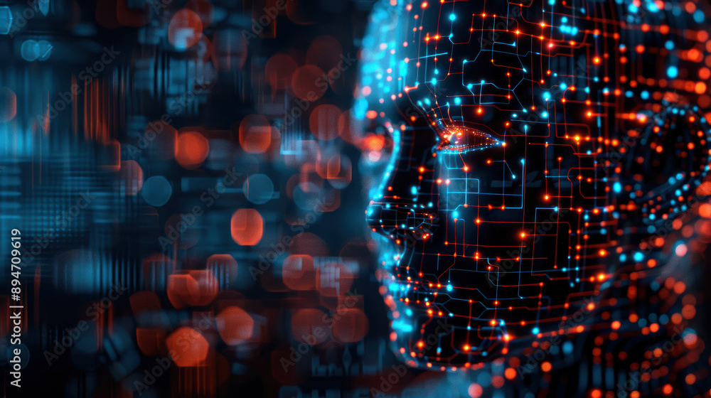 Obraz premium Digital face with colorful circuits glowing in the dark, representing AI technology, future innovation, and virtual intelligence in a futuristic design.