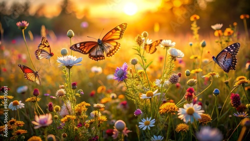 Wallpaper Mural Delicate butterflies dance amidst vibrant wildflowers, basking in the soft, golden light of the setting sun, creating a whimsical and serene atmosphere. Torontodigital.ca