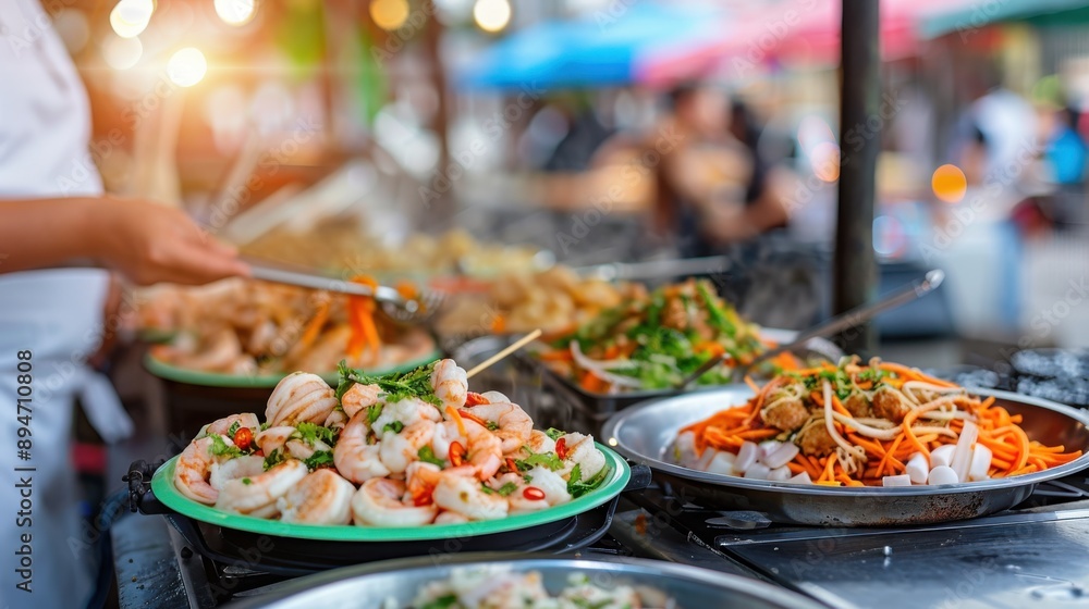 A bustling street food market displays an array of vibrant and appetizing dishes including seafood, vegetables, and traditional cuisine, capturing the essence of local flavors. A bustling street food market displays an array of vibrant and appetizing dishes including seafood, vegetables, and traditional cuisine, capturing the essence of local flavors.