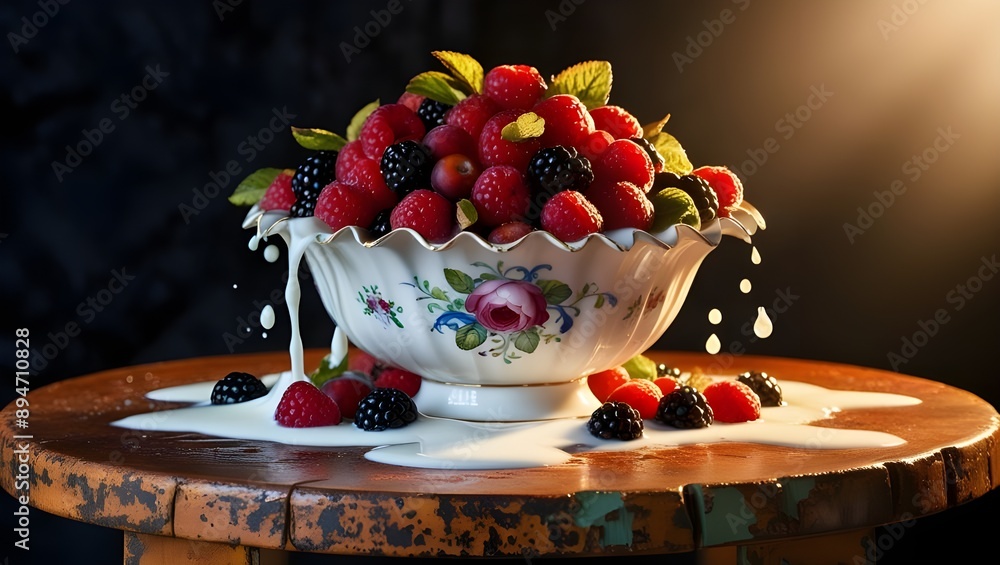 strawbarries and blue barries yogurt dessert in bowl strawbarries and blue barries yogurt dessert in bowl
