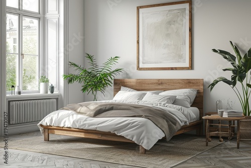 Modern bedroom with wooden bed  white walls  rug on the floor  wooden table near window with potted plant  abstract painting above headboard  and poster frame.